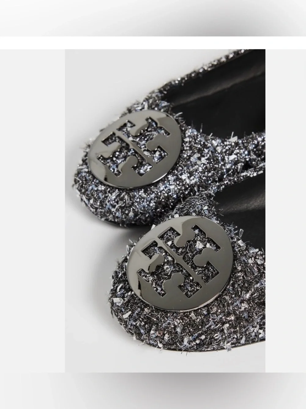 Tory Burch Silver Tweed Logo Ballet Flats